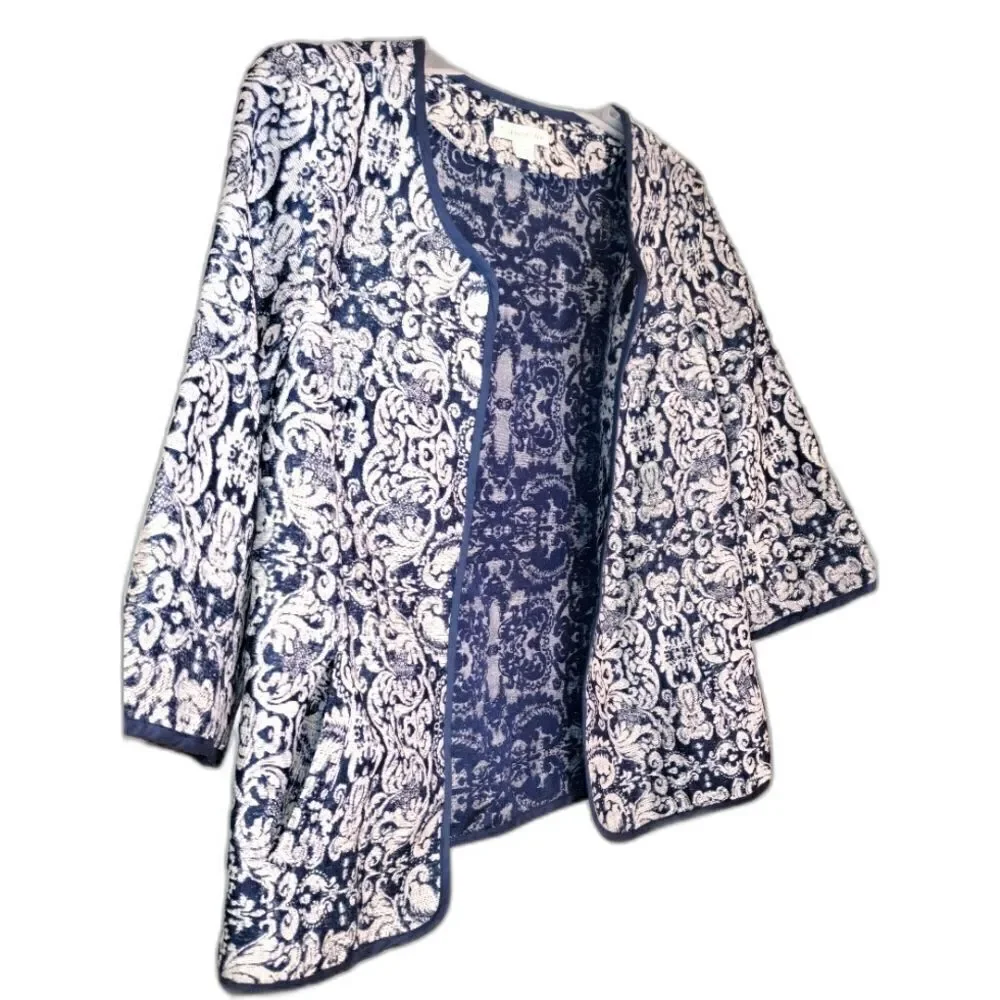 Women's ColdWater Creek Navy Blue Damask Tapestry Open Front Jacket Size 12
